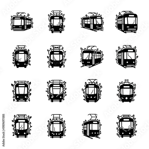 Collection of black and white tram icons overgrown with vines representing eco-friendly public transportation and sustainable urban transit