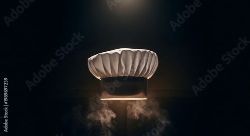 Culinary mastery revealed A chef's hat emerges from steam, symbolizing the art of gourmet cooking and the passion of gastronomy