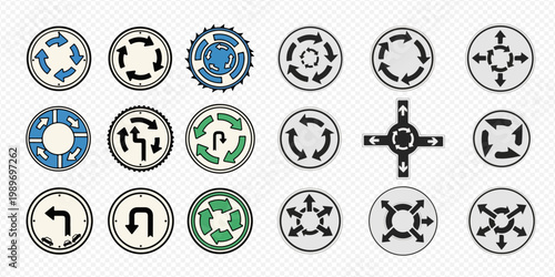 Collection of various road signs and arrow symbols indicating direction, traffic flow, and roundabouts.