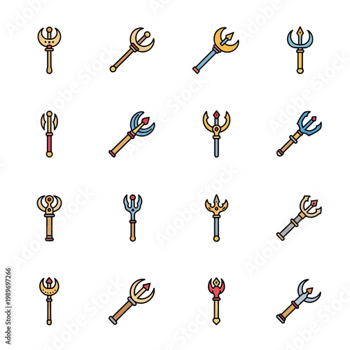 Collection of sixteen fantasy trident and magical staff icons in a stylized flat vector illustration style for gaming assets.