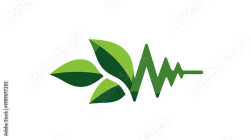 Vibrant green leaves merging into a natural heartbeat pulse line, symbolizing eco-friendly health, organic wellness, and sustainable growth.