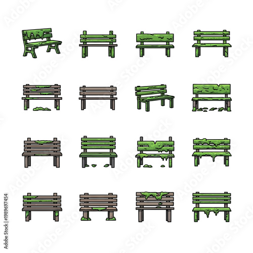Collection of sixteen pixel art park benches covered in green moss for video game environment design asset pack.