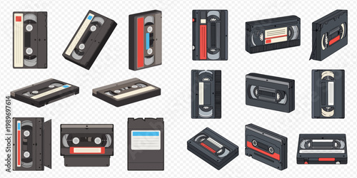 Set of vintage audio and video cassette tapes, retro media technology collection isolated on transparent background.