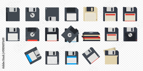 Set of various floppy disk icons representing vintage data storage and computer technology.