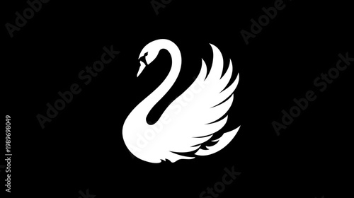 Elegant white swan silhouette with spread wings against a black background. Graceful bird icon, perfect for minimalist design and branding.