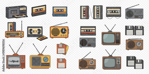 Retro Technology Icons: A Collection of Vintage Electronic Devices and Media Formats from the Past.