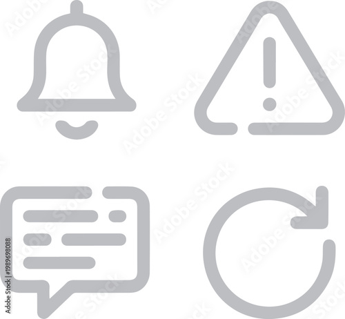 Notification bell, caution triangle, chat bubble, and refresh arrows denote system status alerts.
