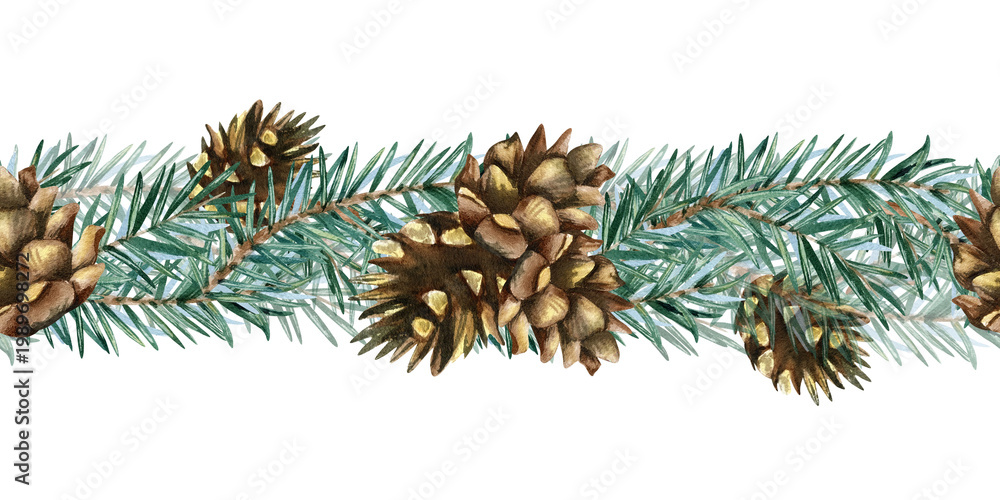 Naklejka premium Watercolor winter garland seamless border. Horizontal spruce branches with pine cones. Festive hand painted isolated illustration for greeting card, wedding invitation, Christmas banner, frame