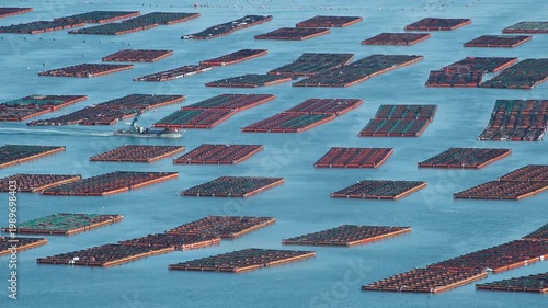 Scenic coastal landscape with abalone farms in the sea of Wando Korea 한국 전라남도 완도 바다의 전복 양식장 풍경