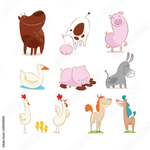 A group of farm animals and pets