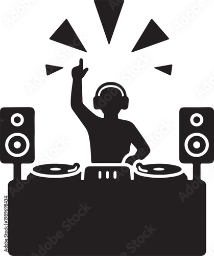 A black silhouette of a dj wearing headphones and operating turntables with speakers