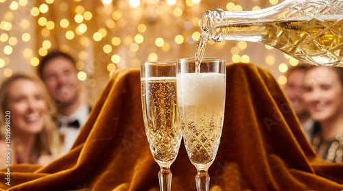 Pouring golden sparkling champagne into elegant glasses at a festive celebration with soft bokeh lights