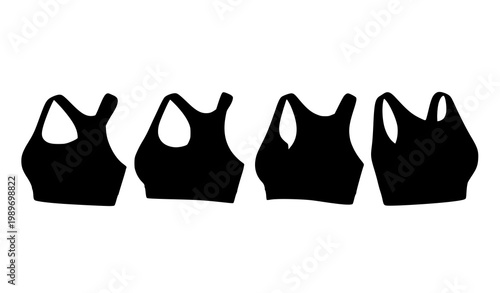 Women black athletic crop top set flat lay sports bra collection 3D vector illustration isolated on white background