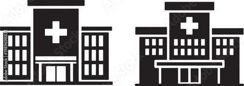 Hospital Building Icon Set with Medical Cross Symbol.