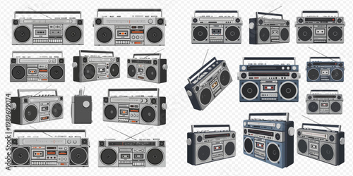 Set of retro boombox radio cassette players from the 80s and 90s, vector illustration collection.