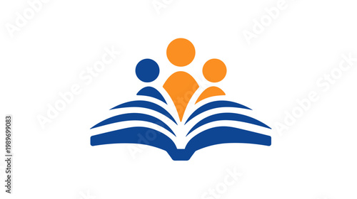 Abstract education concept logo with open book and three stylized people, symbolizing learning, knowledge, wisdom, and community support.