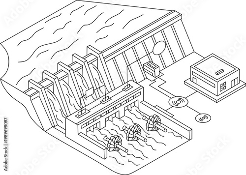 Technology dam line drawing of a hydroelectric dam with turbines for modern energy solutions, suitable for renewable energy concepts.