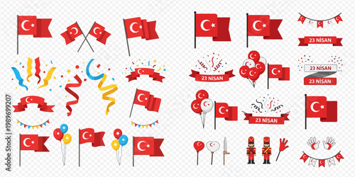 Turkish National Sovereignty and Children's Day celebration elements with flags, balloons, confetti, and ribbons on a transparent background.