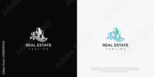 Modern Real Estate Logo with Cityscape and Waves