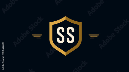 Elegant golden shield emblem with 'SS' initials, luxury decorative design for business identity, dark background, modern abstract logo concept