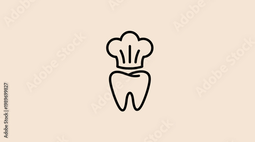 Minimalist line art illustration of a healthy tooth wearing a chef's hat, representing dental health, oral care, and food concepts.