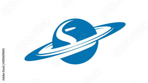 Stylized blue planet with orbital ring and initial letter S integrated. Abstract space icon representing cosmos, innovation, or technology concept.