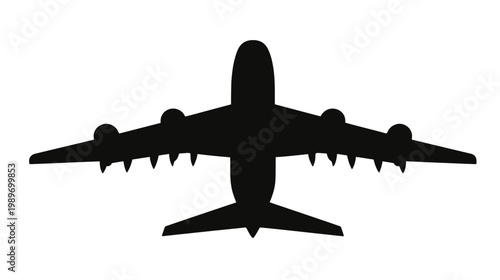Black airplane silhouette icon from top view isolated on white background. Aircraft transport and global travel symbol.