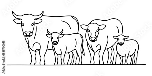 Minimalist line art illustration of a cow family including a bull and calves on a white background