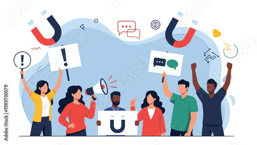 Activist group protesting for a cause with signs and a megaphone while large magnets symbolize the attraction of public attention.