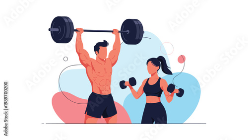 Athletic couple training together with a man lifting a heavy barbell and a woman using dumbbells in a fitness gym.