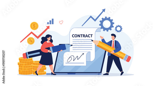 Business partners signing digital contract on laptop screen with giant pencils symbolizing legal agreement and collaboration.