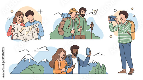 Set of travelers exploring nature by hiking mountains and taking photographs for outdoor adventure and tourism concept.