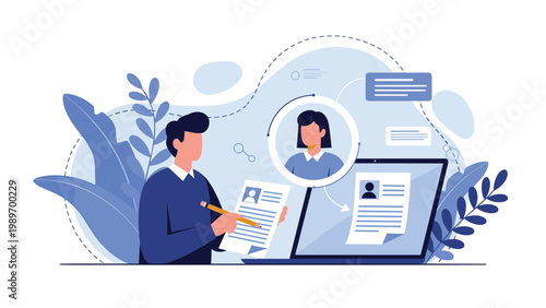 Human resources manager reviewing job candidate resume on laptop and paper for recruitment and hiring process illustration.