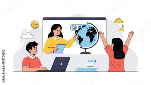 Students participating in online geography lesson through video conference with teacher pointing at world globe on computer screen.