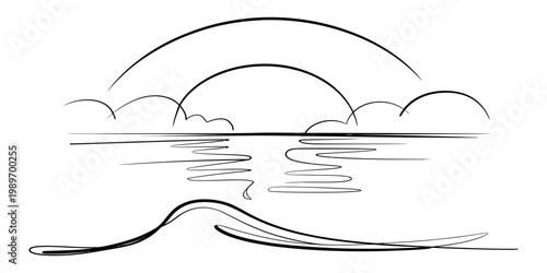 Minimalist black and white sketch of a sun setting over calm sea waters with waves.