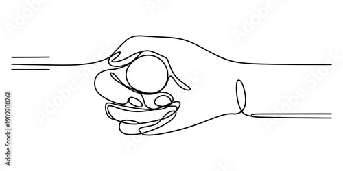 Minimalist one line art illustration of a hand grasping a round object or coin
