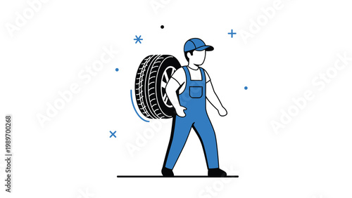 Professional auto mechanic wearing blue overalls carrying car tire for vehicle maintenance and repair service illustration.