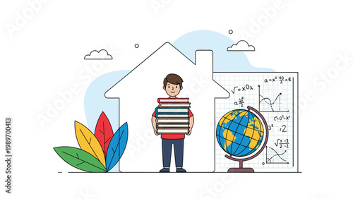Young student holding a stack of books inside a house outline next to a globe and math formulas symbolizing home schooling.