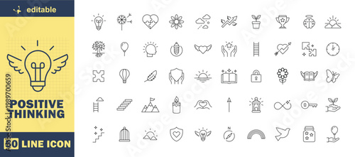 A set of editable line icons representing positive thinking and motivation