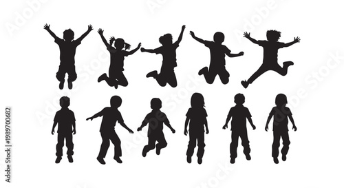 Active children silhouettes set showing happy kids jumping and standing in various playful poses for childhood concepts.