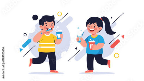 Cute young boy and girl practicing good dental hygiene by happily brushing their teeth with colorful toothbrushes and cups.