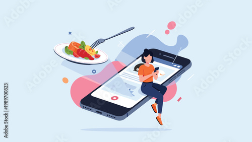Young woman sitting on a large smartphone and ordering a delicious healthy meal through a mobile delivery application.