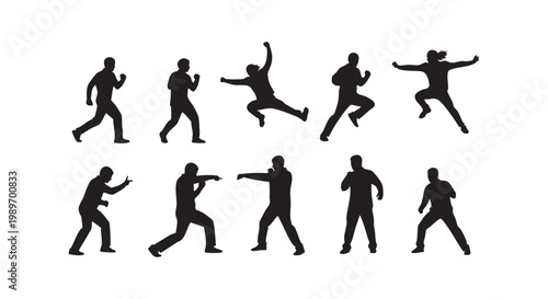 Active people silhouettes performing martial arts kicks punches and athletic jumping movements in dynamic action sequences.