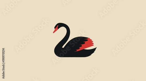 Stylized black swan illustration with red beak and wing details on a minimalist light background. Elegant flat design graphic of a water bird.