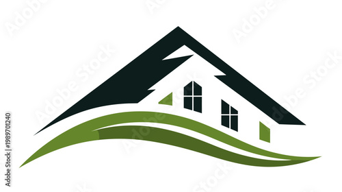 Modern eco-friendly house logo design with green leaf wave. Sustainable home icon for real estate, property development, and environment.