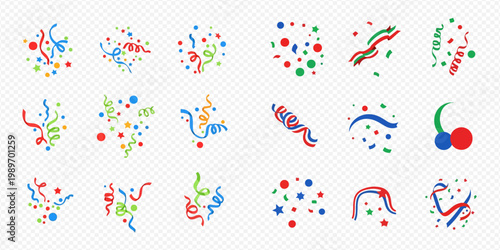 Set of colorful confetti and streamers for celebration, party, and festive events on transparent background.