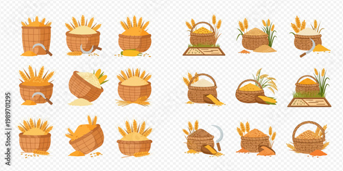 Set of cartoon illustrations of cereals, grains, and wheat in baskets and sacks with sickles, depicting harvest and agriculture.