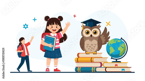 Cute school children standing next to a wise owl wearing a graduation cap on top of a stack of books for education.