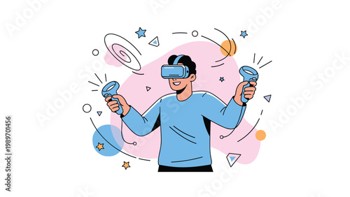 Young man experiencing virtual reality by wearing a VR headset and holding controllers in a digital abstract world.