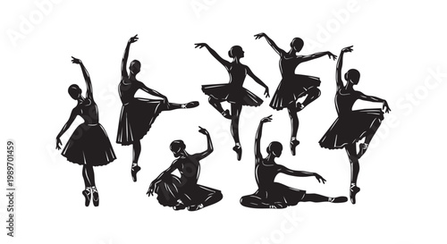 Ballerina dancers silhouettes set of graceful women performing ballet poses in tutus artistic dance movements collection.